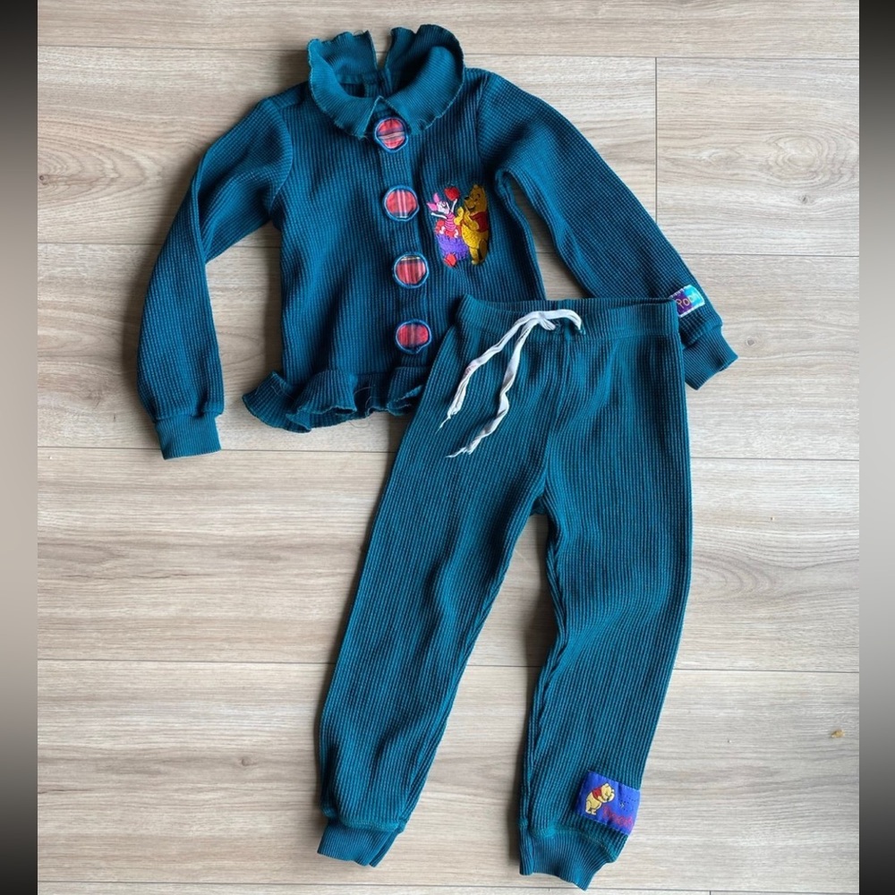 Rare Vintage Pooh Disney Waffle Knit Set Turquoise embroidered